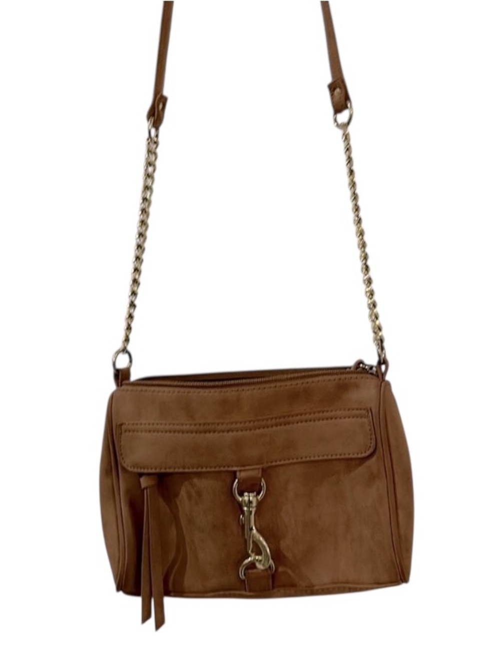 Brown suede crossbody bag with gold chain accents.   NEW
